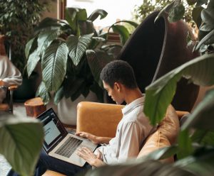 Jeune homme assis sur un canapé dans un espace de coworking. L'espace est agrémenté de plusieurs plantes vertes.